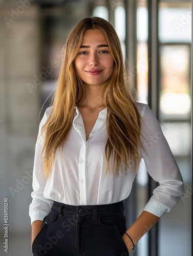 Free Download Portrait of a beautiful young smiling businesswoman standing at a modern office interior, with sunlight coming through the window. generative AI - GFXLoad