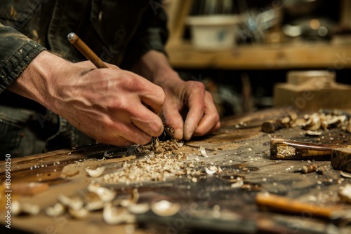 Closeup of a craftsman's hands precisely carving wood with a chisel on a cluttered workbench