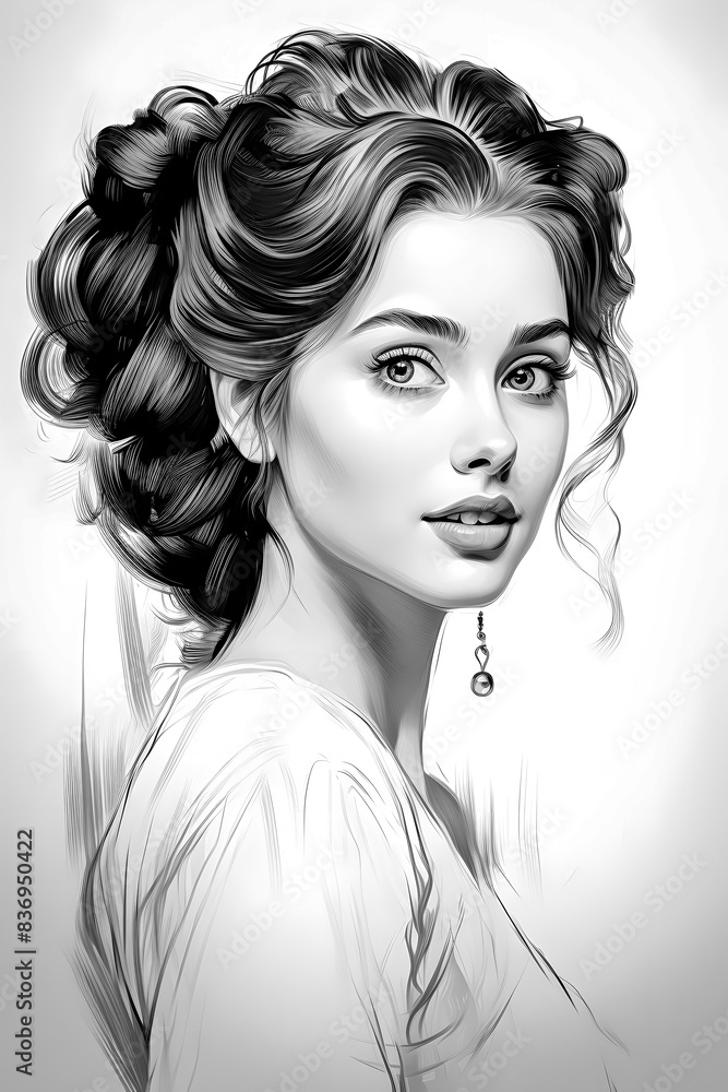 Fototapeta premium Vintage 1950s Portrait Sketch A Beautifully Rendered Illustration Capturing the Essence and Glamour of a Woman from the Golden Era, Showcasing Timeless Elegance and Classic Style Wallpaper Digital Art