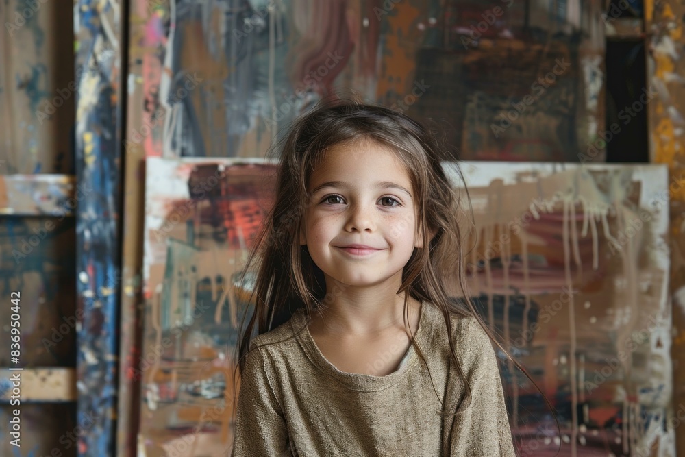 Portrait of a joyful young brunette female artist painting an abstract artwork on a canvas in a vibrant and creative studio space Portrait of a joyful young brunette female artist painting an abstract artwork on a canvas in a vibrant and creative studio space