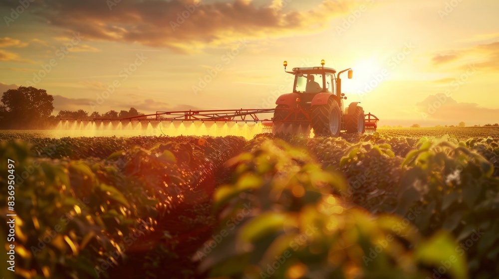 Fototapeta premium A farmer rides in a combine and waters his fields, agricultural business concept 