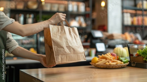 Pick Up Service at Eatery  Woman Collecting Food Order from Shop Assistant