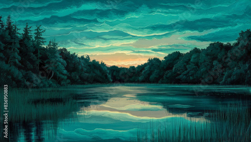 A quiet lake at night  surrounded by forest.