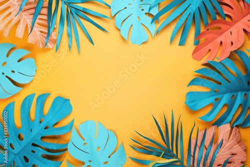 copy space with leaves and color paper background for summer concept