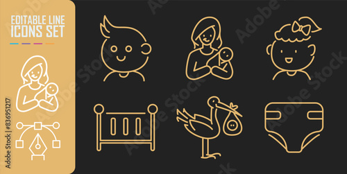 Baby icon set. Included icons as newborn, infant, kid, children, parent and more.