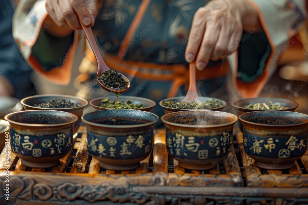 Man holds a spoon over a tray of bowls during a tea tasting session Man holds a spoon over a tray of bowls during a tea tasting session