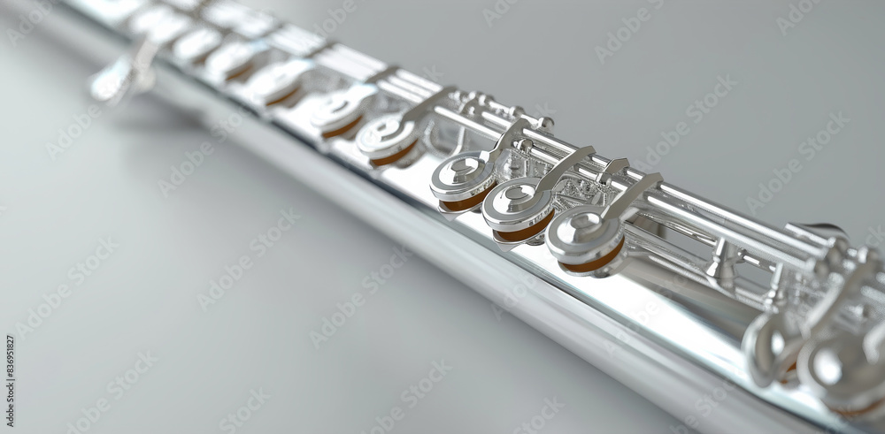 Fototapeta premium Traditional flute with a silver finish, featuring a range of notes and intricate keyword for precise playing. Generative AI.