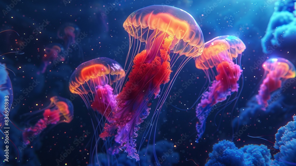 Naklejka premium Glowing jellyfish swim deep in the blue sea. Medusa neon jellyfish fantasy in space cosmos among stars. 3D render 