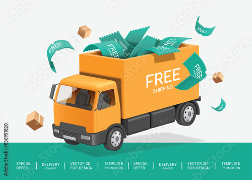 Yellow trucks are loaded with free shipping promotional signs to deliver to customers and there are boxes of packages floating in air around them, vector 3d for delivery advertisement design