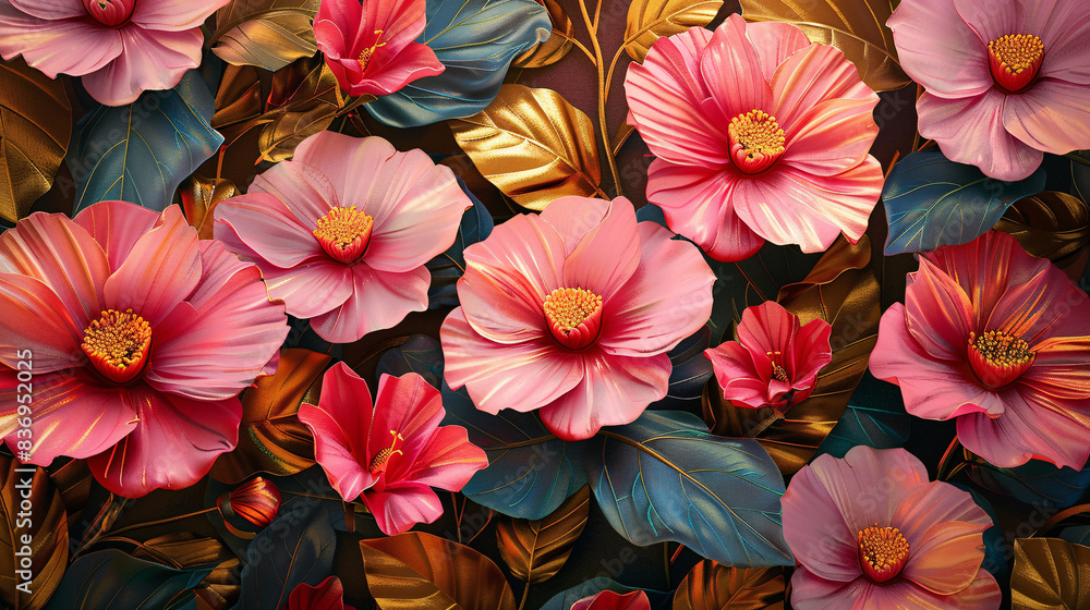 Retro-style wallpaper design with pink and golden flowers and leaves, creating a vibrant look Retro-style wallpaper design with pink and golden flowers and leaves, creating a vibrant look
