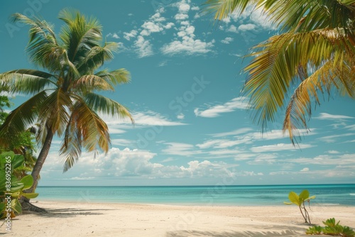 Summer sandy beach with palm trees  free space for product placement
