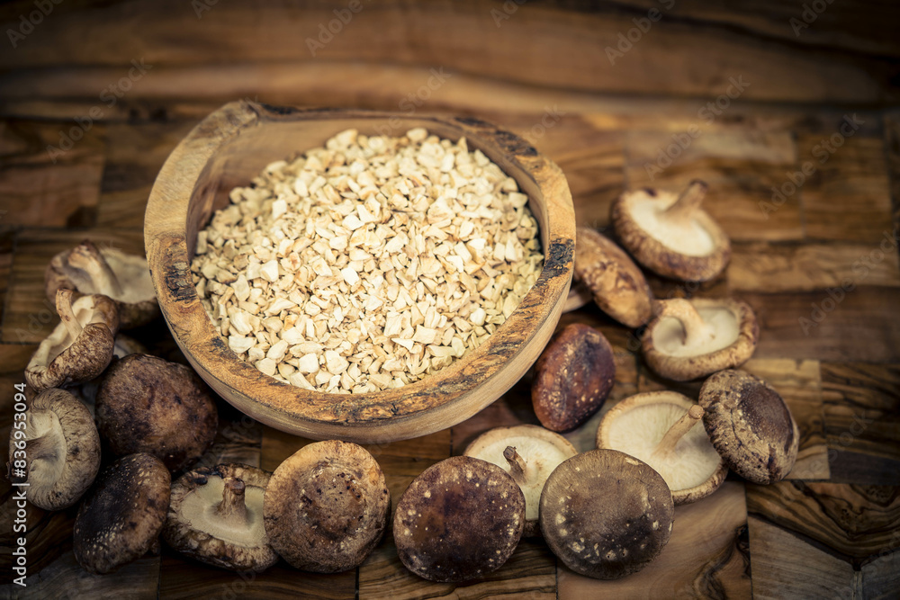 Shiitake Pilze Lentinula edodes auf Olivenholz Shiitake Pilze Lentinula edodes auf Olivenholz