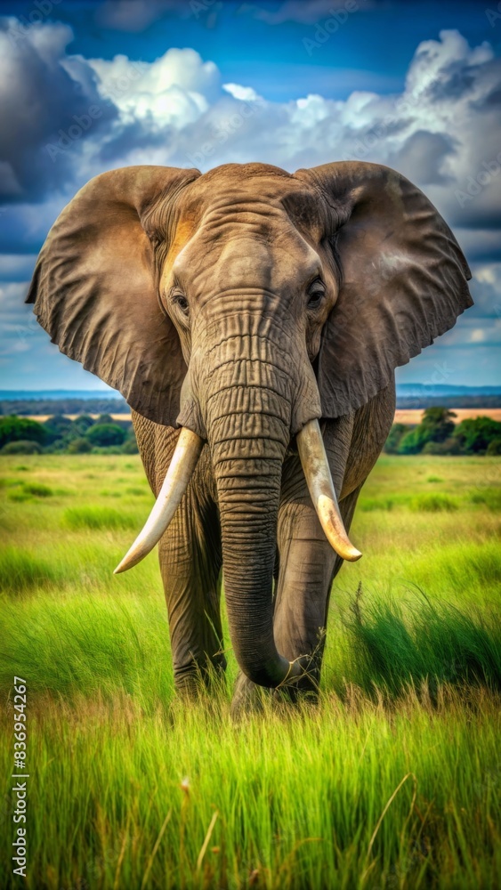 Fototapeta premium A majestic elephant with large white tusks stands in the lush green grass of an African savannah