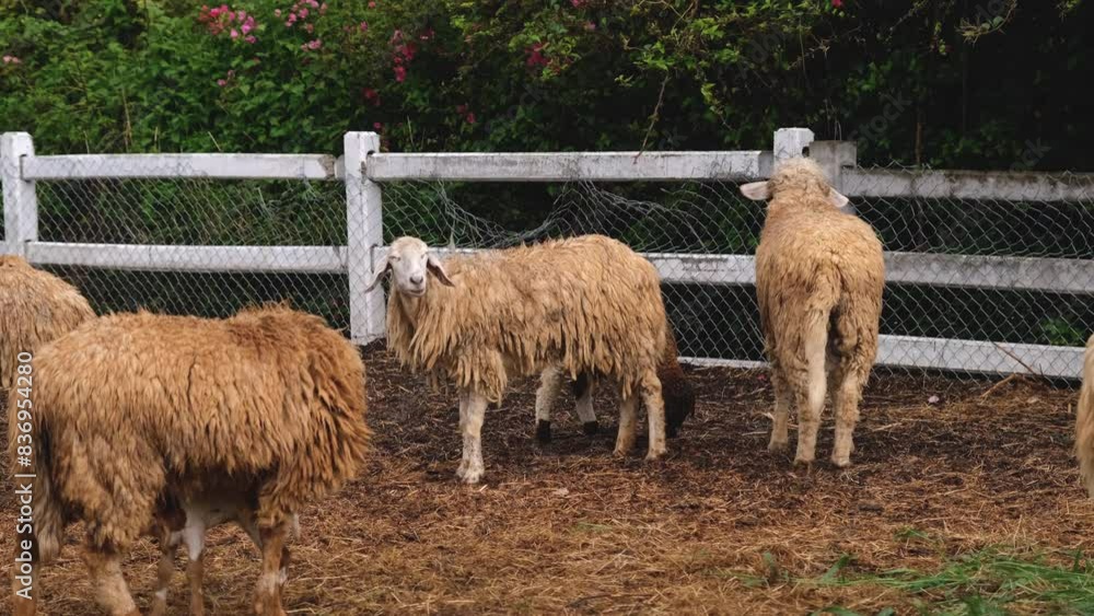 slow motion shot group of fluffy sheep stand on a farm with a white fence in the background, livestock agriculture slow motion shot group of fluffy sheep stand on a farm with a white fence in the background, livestock agriculture