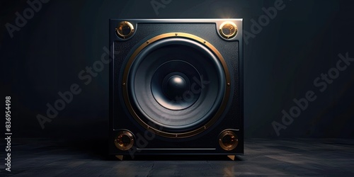 a image of a speaker with a black background and a gold trim