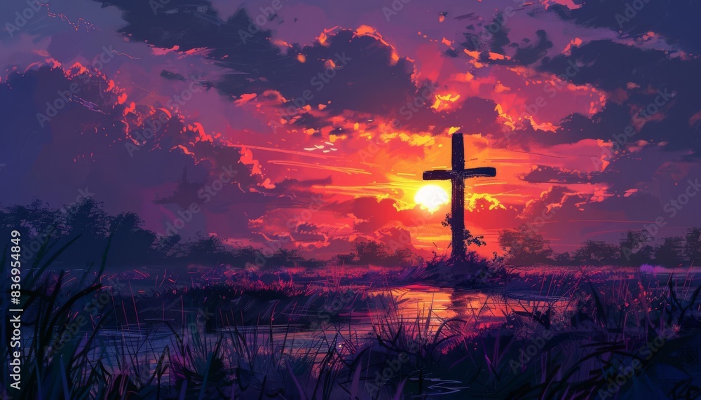 Vibrant sunset over a serene lake, with a silhouetted cross, reflecting on the peaceful waters under a colorful sky. Vibrant sunset over a serene lake, with a silhouetted cross, reflecting on the peaceful waters under a colorful sky.