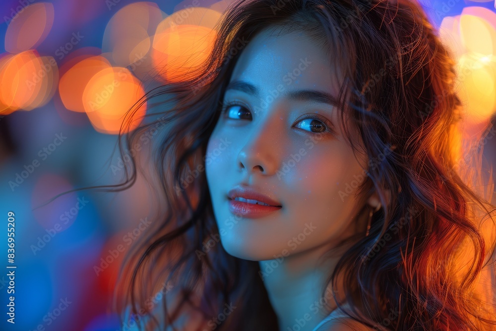 A group of smiling Asian women with long hair forms a line against a blue backdrop, illuminated by vibrant spectrum colors and cinematic lighting, with reflective and mirroring effects. A group of smiling Asian women with long hair forms a line against a blue backdrop, illuminated by vibrant spectrum colors and cinematic lighting, with reflective and mirroring effects.