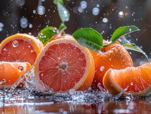 pieces of mandarin or sunkist oranges fall into a pool of cool and refreshing mineral water photo