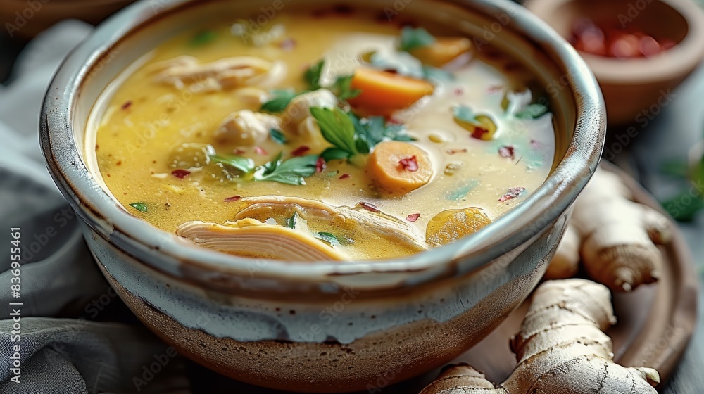 A bowl of yellow chicken soup, in an elegant ceramic pot, sits in the bottom right corner, next to ginger, against a wooden table covered in gray cloth. Generative AI. A bowl of yellow chicken soup, in an elegant ceramic pot, sits in the bottom right corner, next to ginger, against a wooden table covered in gray cloth. Generative AI.