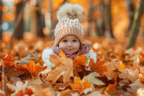 Kid Autumn. Little Girl Playing in Fallen Leaves Wreath in Park