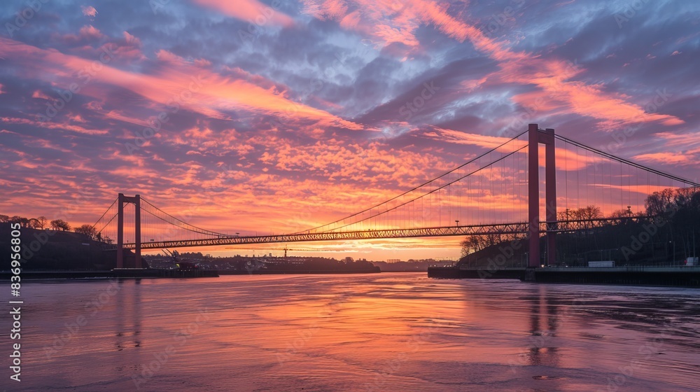 Obraz premium Suspension Bridge at Sunset: As the sun sets, a suspension bridge spans a wide river, its cables and towers silhouetted against the vibrant orange and pink sky