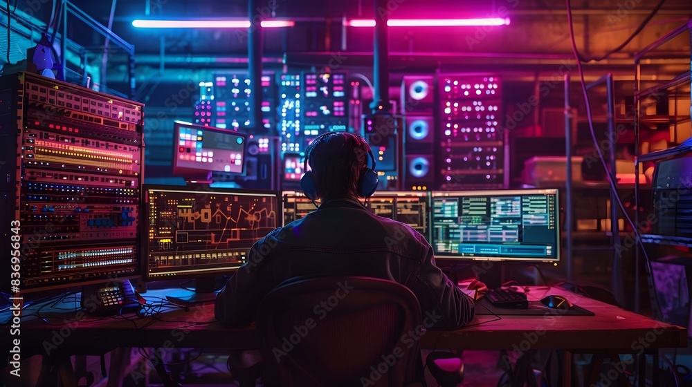 Hacker s Neon Lit Workspace with Sophisticated Tech Setup and Gritty Industrial Ambiance Hacker s Neon Lit Workspace with Sophisticated Tech Setup and Gritty Industrial Ambiance