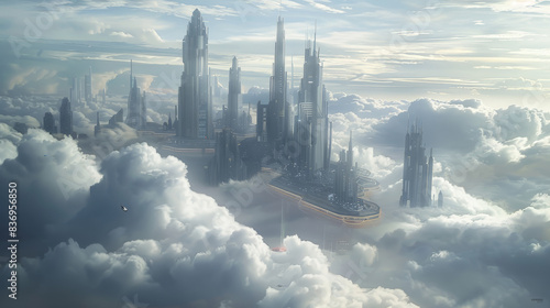 A sci-fi futuristic city skyline with technology in the clouds like a platform in the sky. Generative AI.