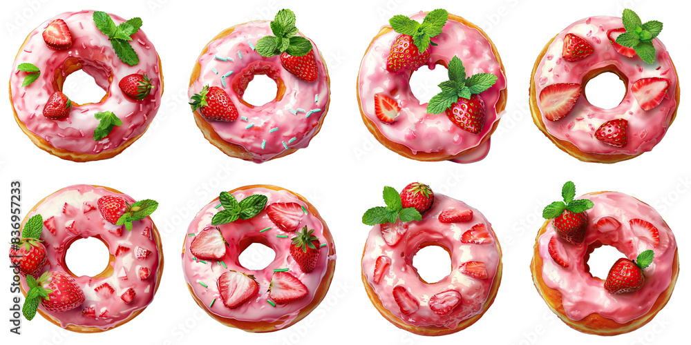 Set of Donut With Strawberry Glaze And Fresh Mint isolated on transparent png background collection set . Generative ai Set of Donut With Strawberry Glaze And Fresh Mint isolated on transparent png background collection set . Generative ai
