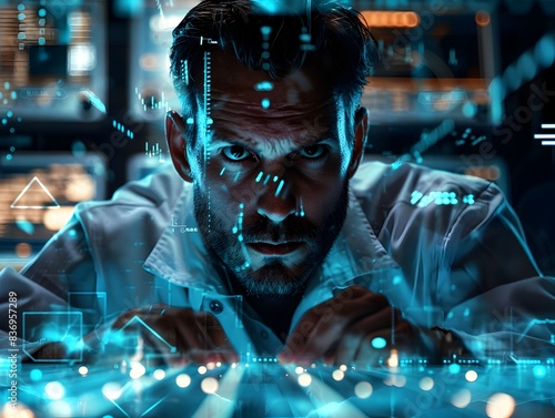 Wallpaper Mural Cybercrime Investigator Amid Digital Chaos in Futuristic Crime Scene with Glowing Evidence and Torontodigital.ca