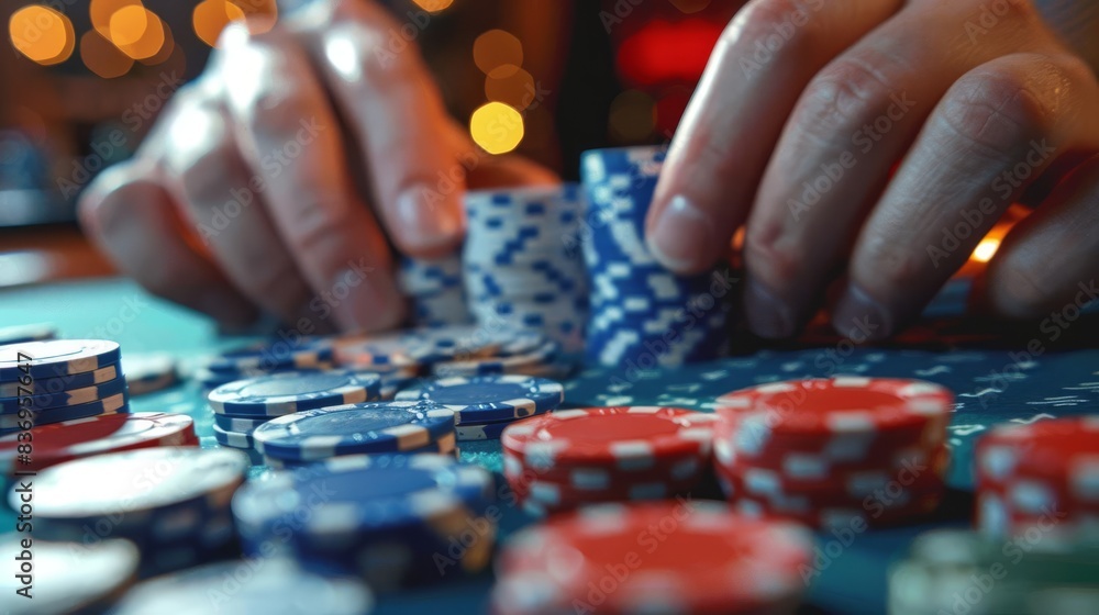 Close-up view of hands arranging poker chips on a casino table, vibrant and colorful, capturing the excitement of gambling. Close-up view of hands arranging poker chips on a casino table, vibrant and colorful, capturing the excitement of gambling.