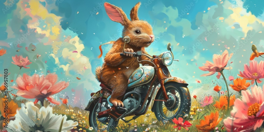 Easter bunny riding motorcycle through spring landscape, customs ...