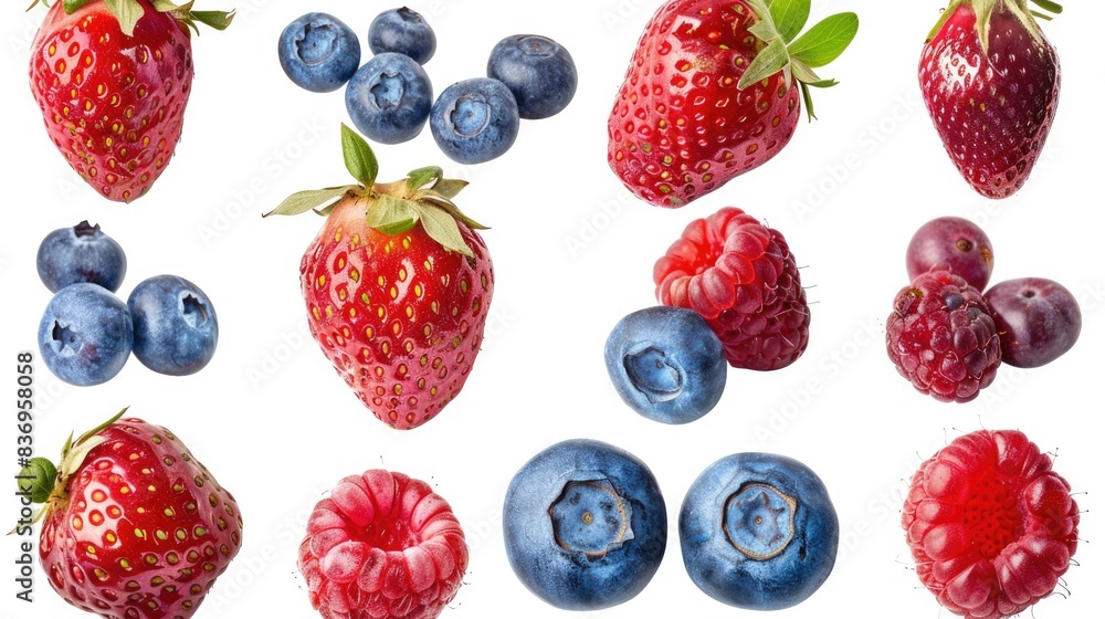A high-resolution image of a collection of mixed berries (strawberries, blueberries, raspberries), isolated on a white background with clipping path A high-resolution image of a collection of mixed berries (strawberries, blueberries, raspberries), isolated on a white background with clipping path