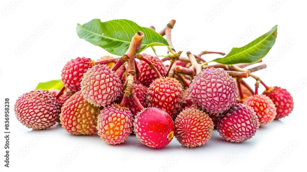 A high-resolution photo of a bunch of fresh lychees, isolated on a white background with clipping path A high-resolution photo of a bunch of fresh lychees, isolated on a white background with clipping path