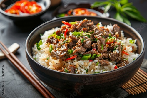 Delicious bowl of beef stir fry with fresh vegetables, served over white rice