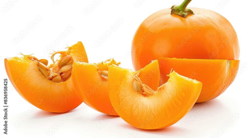 A detailed high-resolution image of a whole and sliced persimmon, isolated on a white background with clipping path