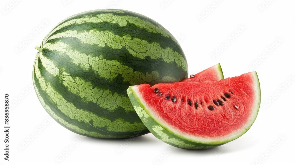 A detailed high-resolution image of a whole watermelon and a sliced piece, isolated on a white background with clipping path A detailed high-resolution image of a whole watermelon and a sliced piece, isolated on a white background with clipping path