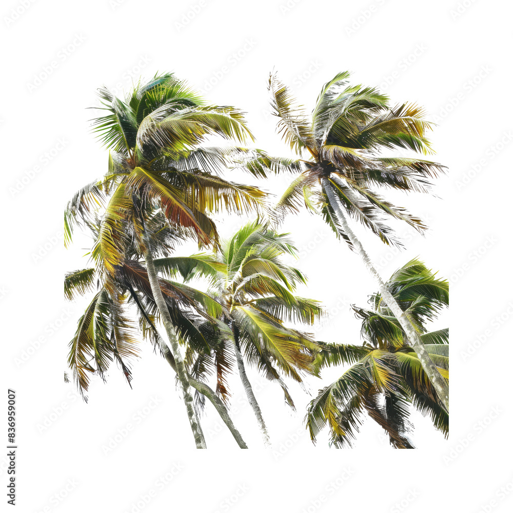 Fototapeta premium A Variety Of Coconut Trees Sway In The Breeze, A Tropical Symphony Against The Purity Of White