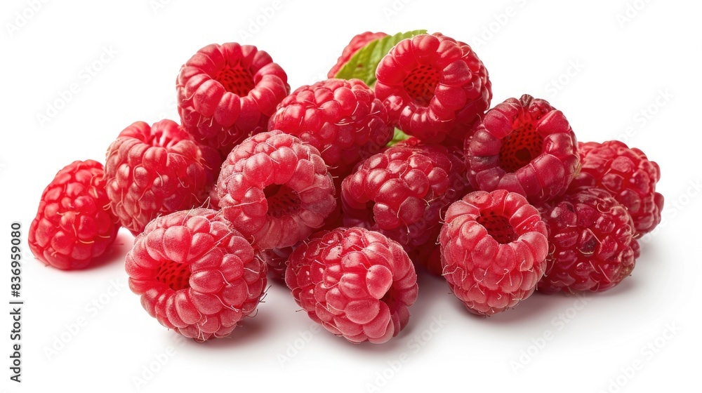 A detailed high-resolution photo of fresh raspberries, isolated on a white background with clipping path A detailed high-resolution photo of fresh raspberries, isolated on a white background with clipping path