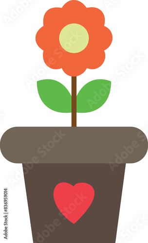 A orange-colored flower with a yellow middle and green leaves in a brown pot