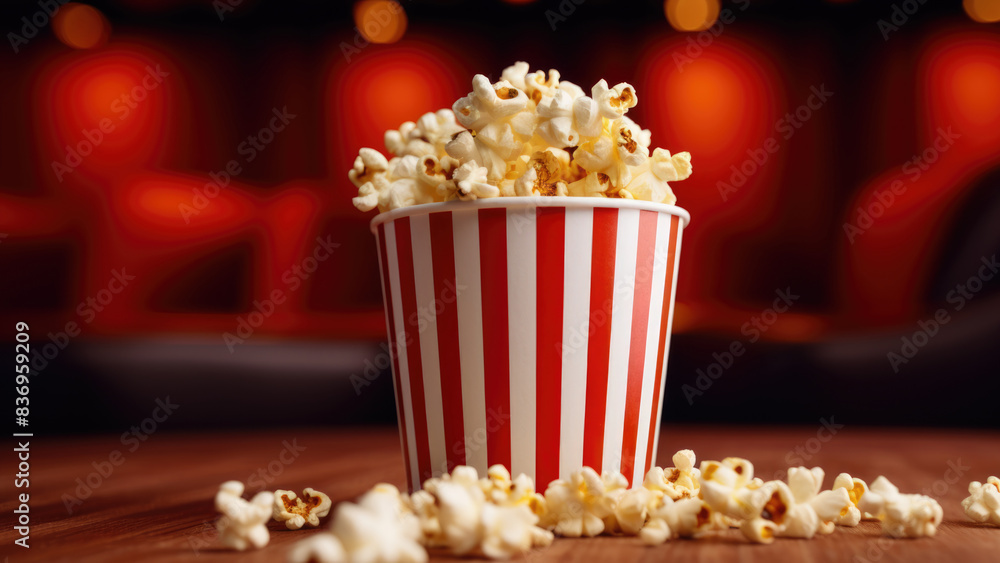 Bucket of popcorn in a cinema with red seats in the background, evoking the classic movie-going experience.
Bucket of popcorn in a cinema with red seats in the background, evoking the classic movie-going experience.