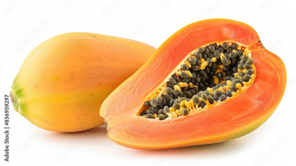 A detailed high-resolution image of a cut and whole papaya, isolated on a white background with clipping path A detailed high-resolution image of a cut and whole papaya, isolated on a white background with clipping path