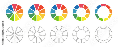 Donut charts set, pies segmented on 9 equal parts. Diagrams infographic multicolored collection. Wheels divided in nine sections. Circle section graph. Pie chart round icons. Loading bar.