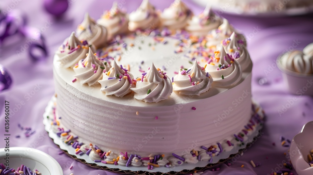 Lavender Birthday Cake with Creamy Buttercream Frosting and Sprinkles on Plain Background Lavender Birthday Cake with Creamy Buttercream Frosting and Sprinkles on Plain Background