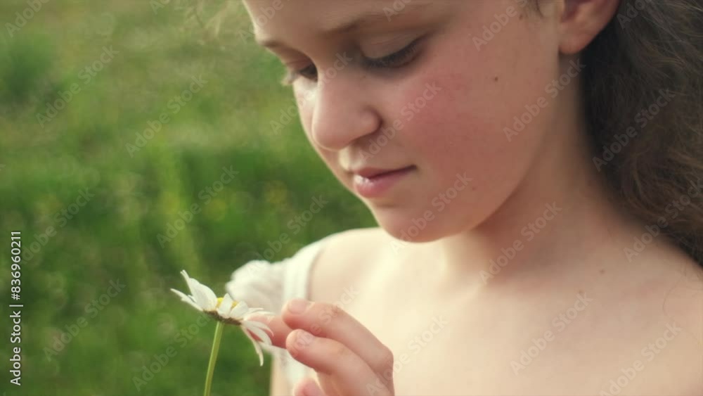 Close up of adorable little girl smiling and hold daisies in field during summer sunset. Happy cute child holding chamomile in meadow. Pretty positive kid enjoy wild flowers. Slow motion Close up of adorable little girl smiling and hold daisies in field during summer sunset. Happy cute child holding chamomile in meadow. Pretty positive kid enjoy wild flowers. Slow motion