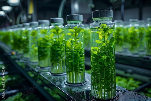 Biofuel industry project involving algae research in industrial laboratories for medicinal purposes using a laboratory photobioreactor for algae fuel. photo