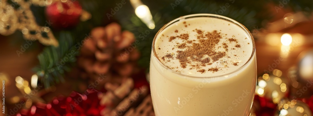 A festive eggnog with nutmeg sprinkled on top, served in a holiday-themed glass generated by AI A festive eggnog with nutmeg sprinkled on top, served in a holiday-themed glass generated by AI
