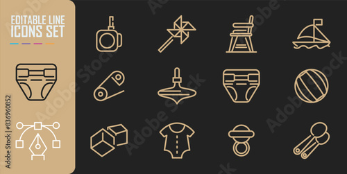 Baby items icons set. Outline set of baby items vector icons for web design