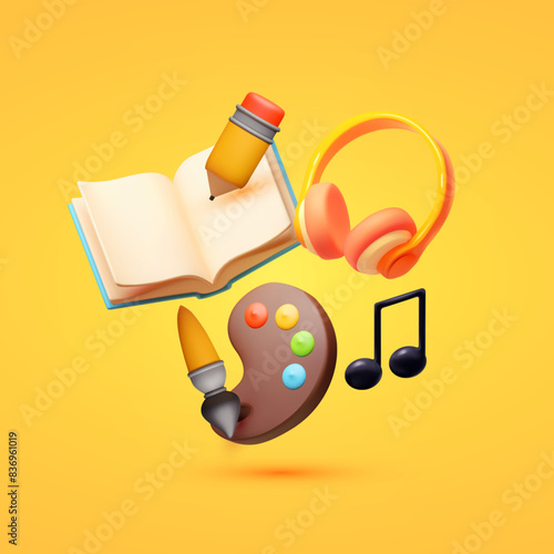 Fine arts concept. 3D cartoon icons of painting, literature and music.
