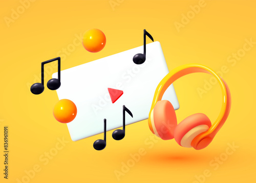 Music mobile player. Online music streaming concept. 3D cartoon render design.