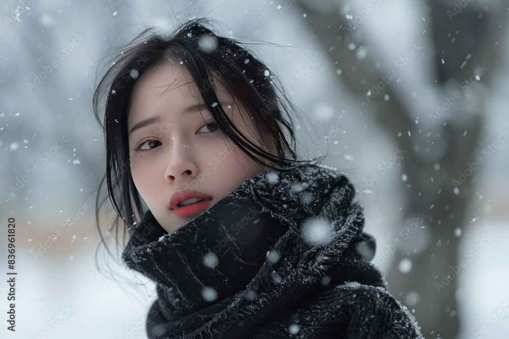 Young woman's elegant portrait captured in the serene beauty of a snowfall during the chilly winter season. Embracing the peaceful atmosphere of the outdoors and the delicate Young woman's elegant portrait captured in the serene beauty of a snowfall during the chilly winter season. Embracing the peaceful atmosphere of the outdoors and the delicate